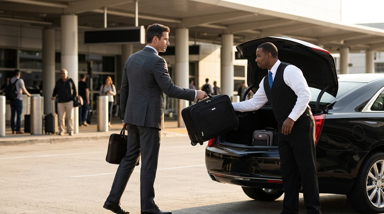 A man in a gray suit shakes hands with a man in a black vest and white shirt at a car trunk, as the man in the vest hands over a suitcase. People walk in the background outside a modern building.