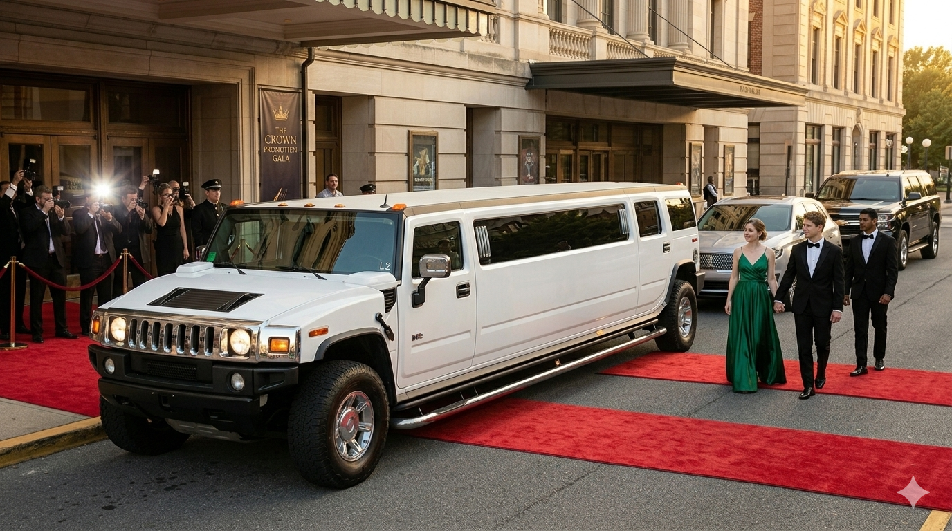 Couple walking on red carpet outside a building with people and photographers taking pictures. A white stretch limousine is parked nearby.