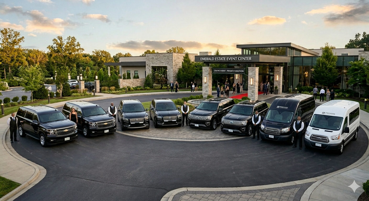 Luxury transportation vehicles, including vans and SUVs, are parked in front of an event center  with chauffuers standing nearby. The event center has a modern design with stone and glass exterior, and people are entering and leaving the building.