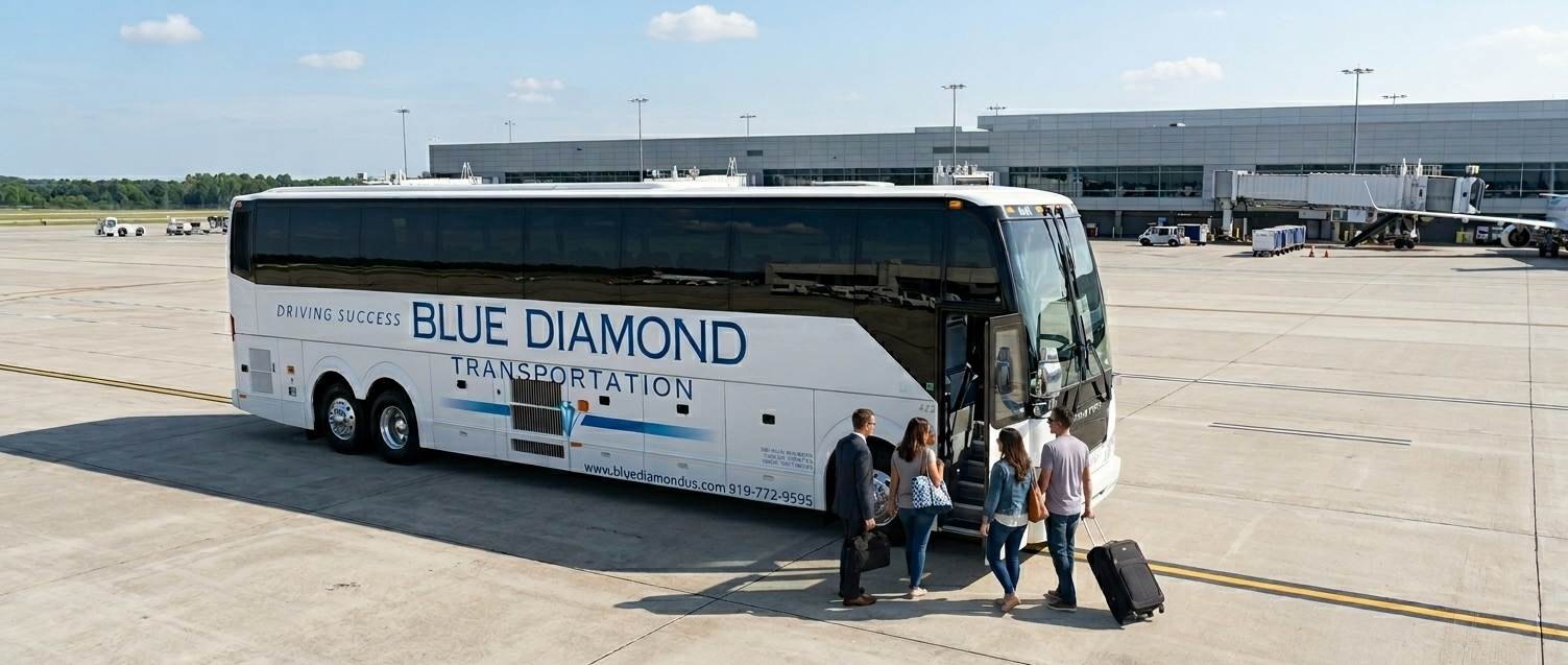 Group of people loading into a Blue Diamond Transportation motor coach on an airport tarmac.