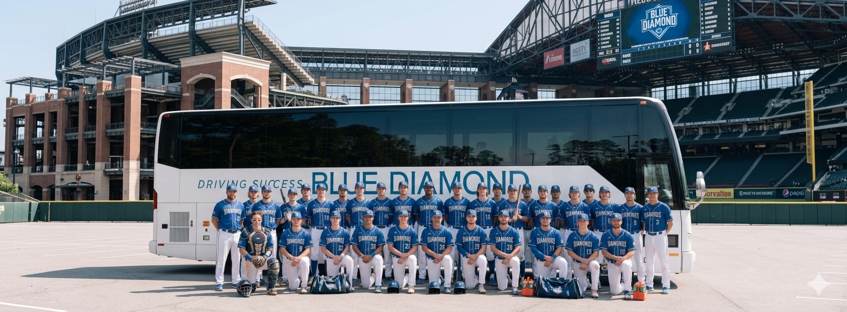 A baseball team dressed in blue uniforms standing in front of a Blue Diamond Transportation Bus.