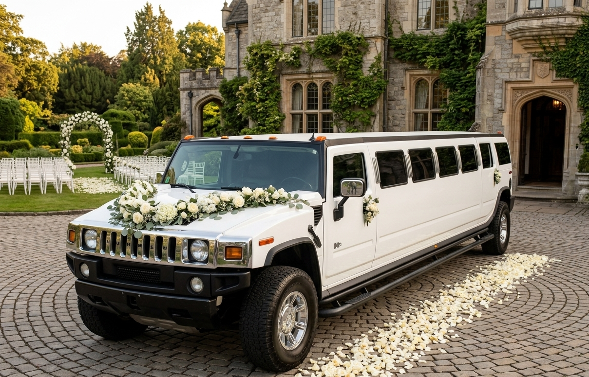 Long white wedding limousine decorated with a floral arrangement on the hood, parked in front of an old stone castle with a landscaped garden and chairs arranged for a wedding ceremony
