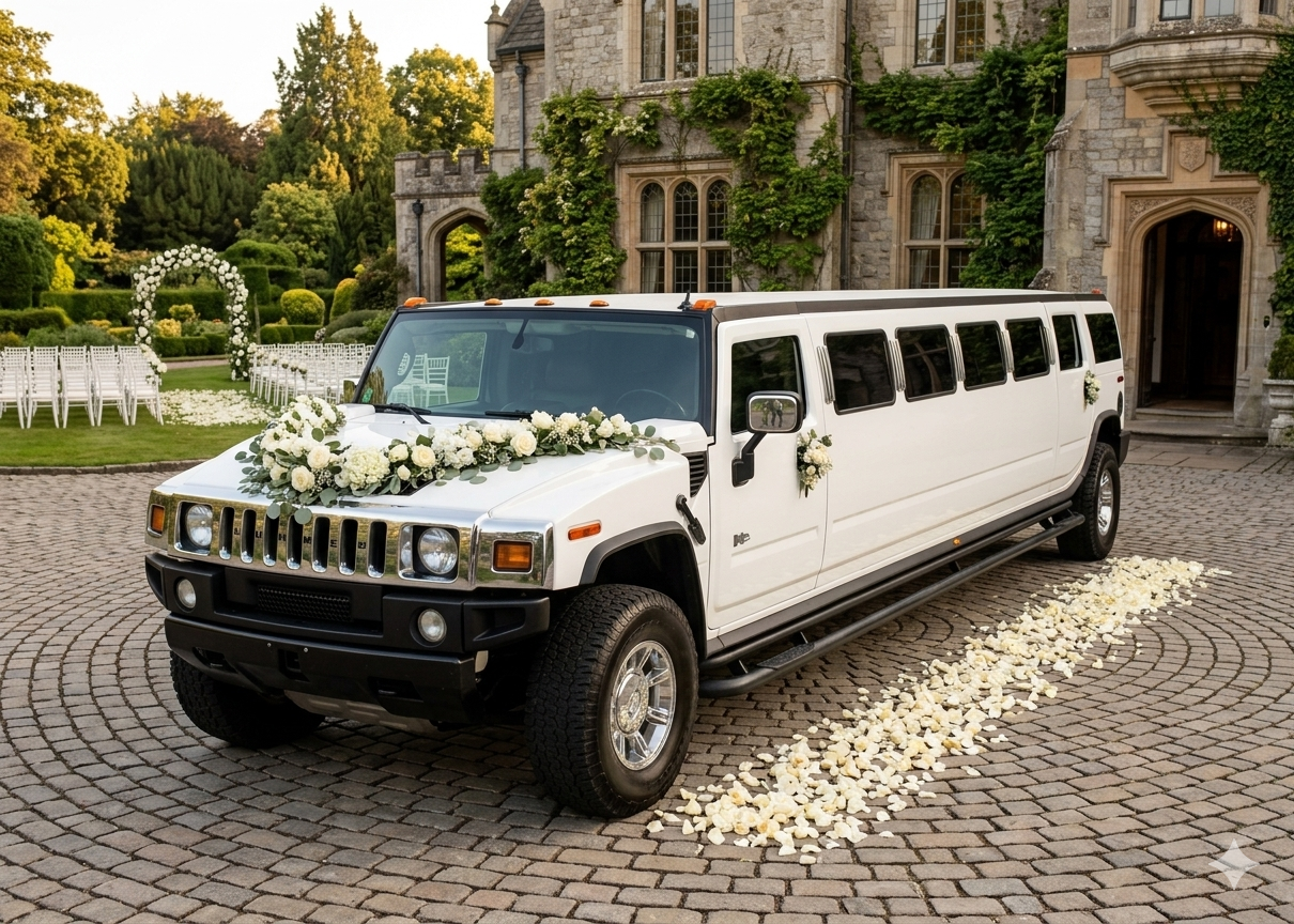 A white limousine decorated with white flowers parked in front of a castle-like building with a garden and white chairs set up for an outdoor wedding ceremony.