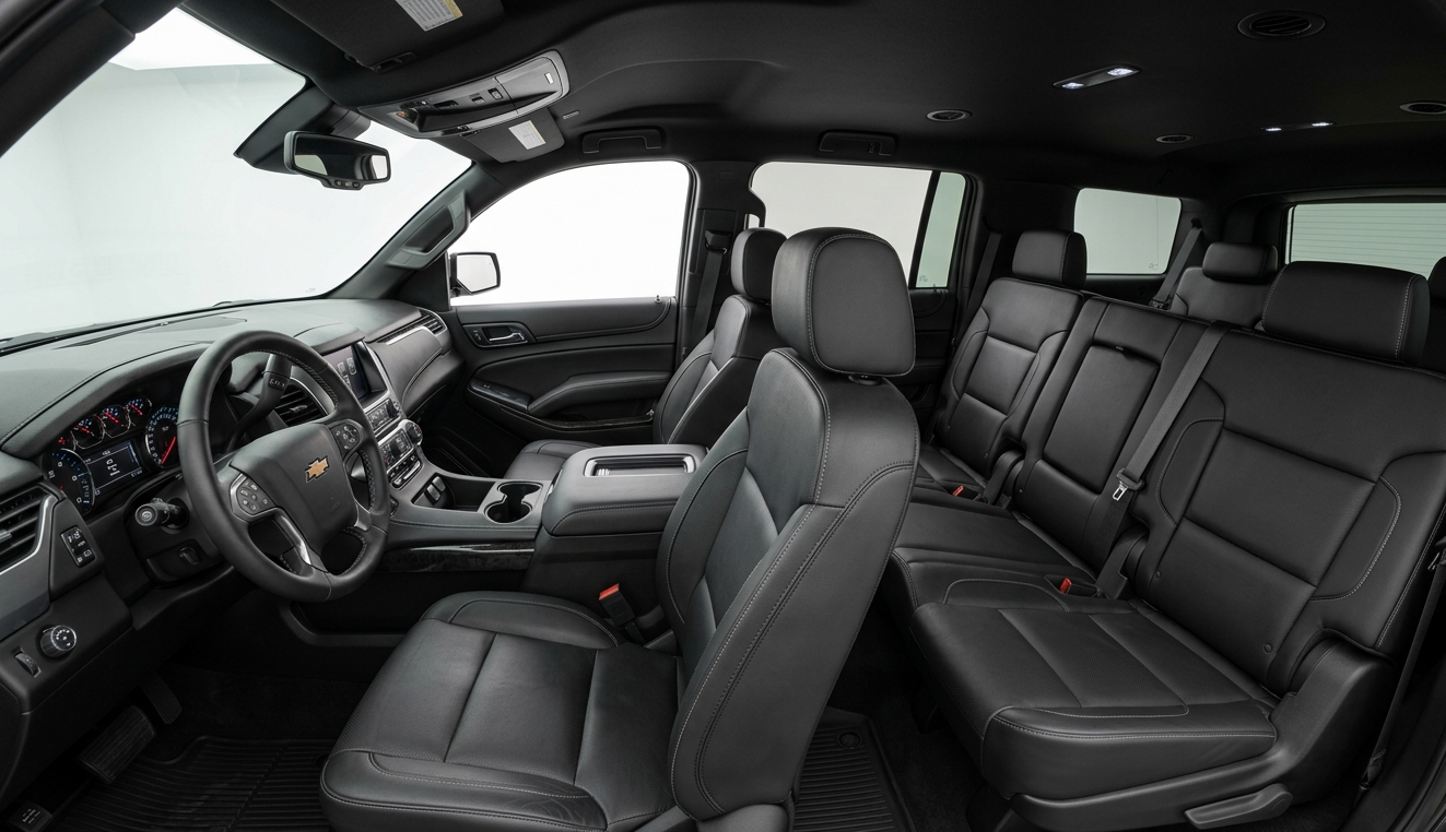Interior of a black Chevrolet Suburban showing the dashboard, steering wheel, and multiple black leather seats.