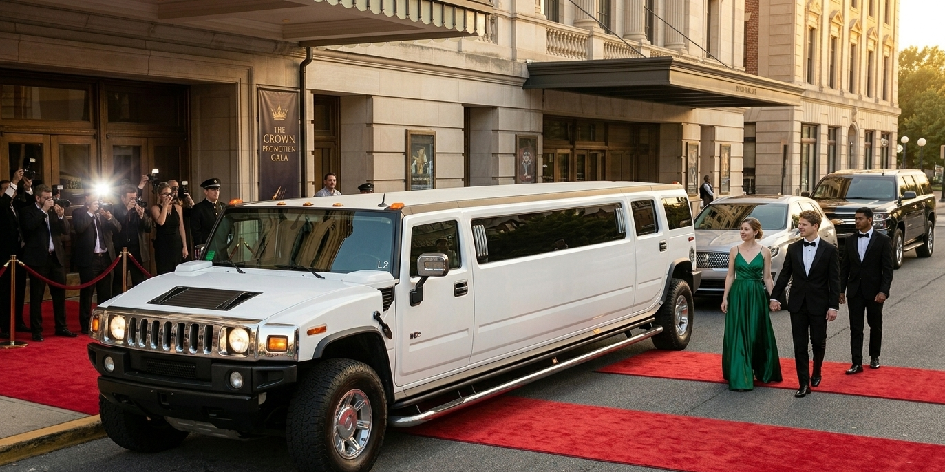 People dressed in formal attire walking on a red carpet in front of a large white limo outside a building with a sign for a gala event, and photographers taking pictures.