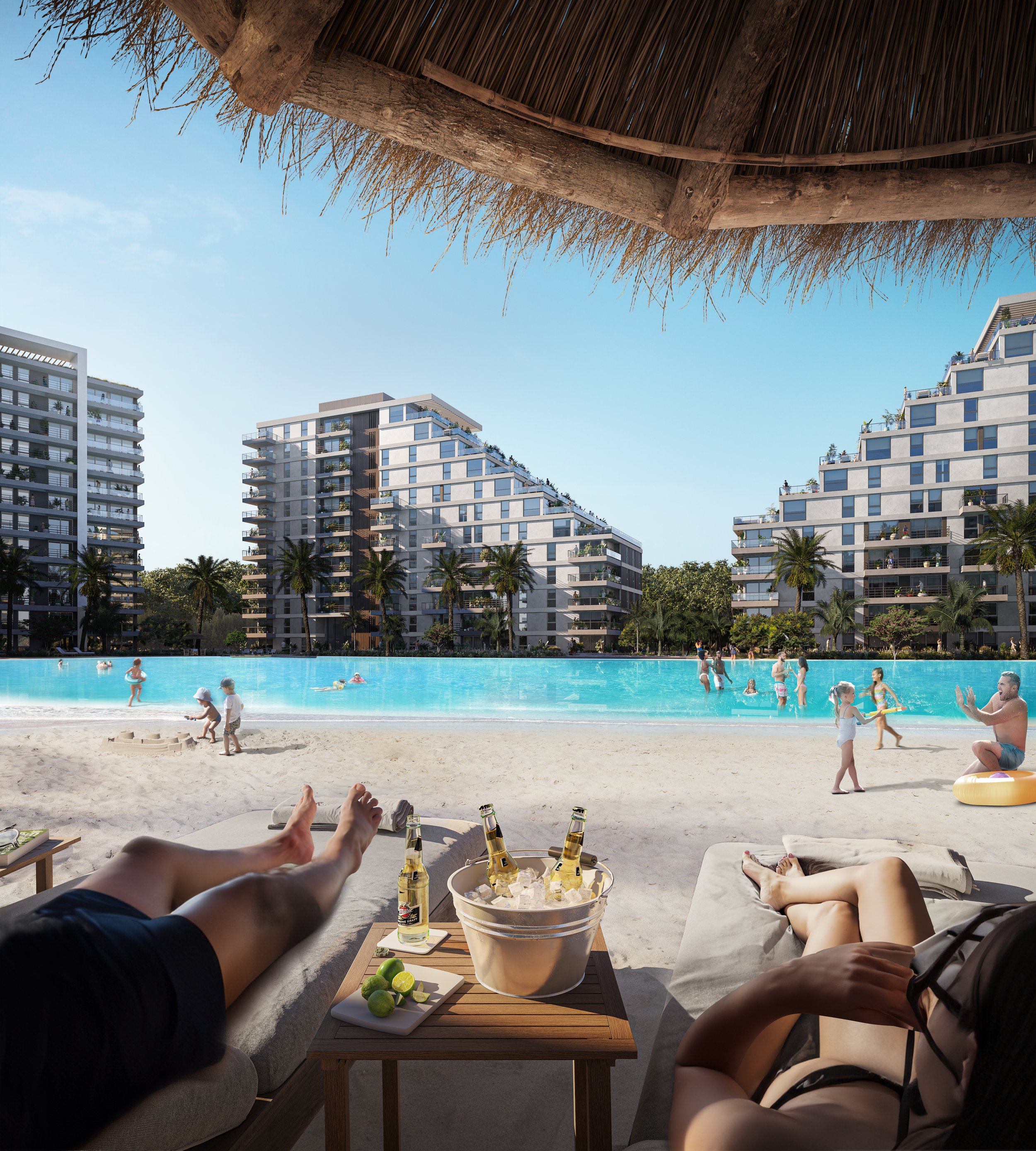 View from a beach cabana with people relaxing, a sandy beach, swimming pool, modern high-rise buildings, and palm trees under a clear sky.