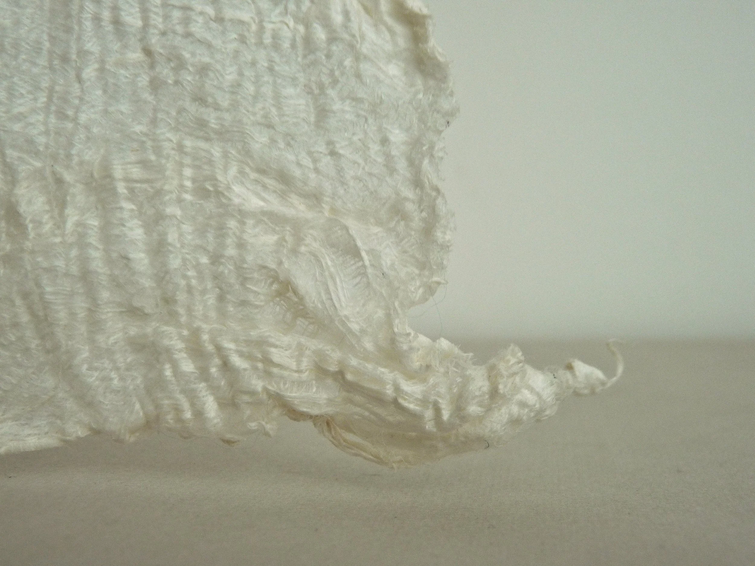 Close-up of a crumpled white tissue or paper with textured surface, resting on a light-colored surface against a plain background.