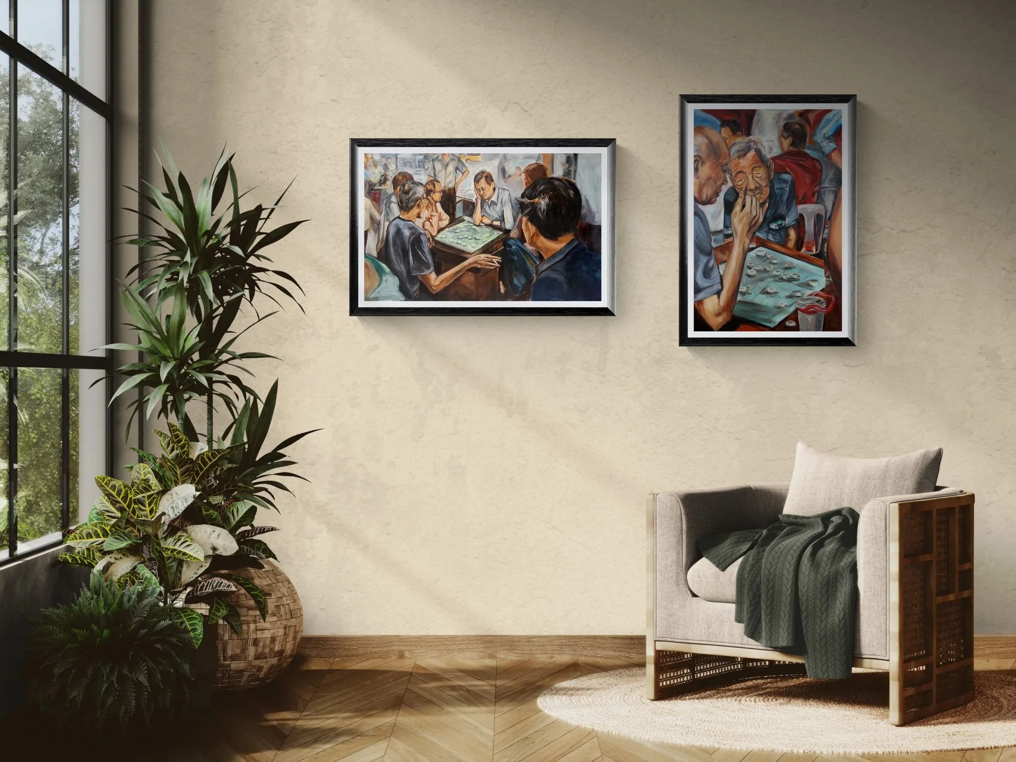 Sunlit room with an armchair and tropical plants.jpeg