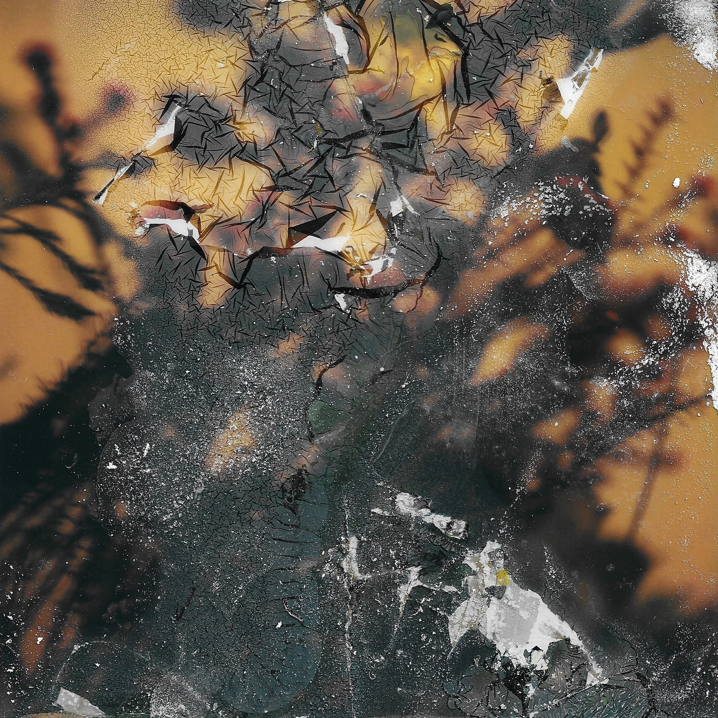 A cracked and weathered surface with abstract patterns and some areas of peeling paint, revealing layers beneath, with a mix of dark and warm tones.