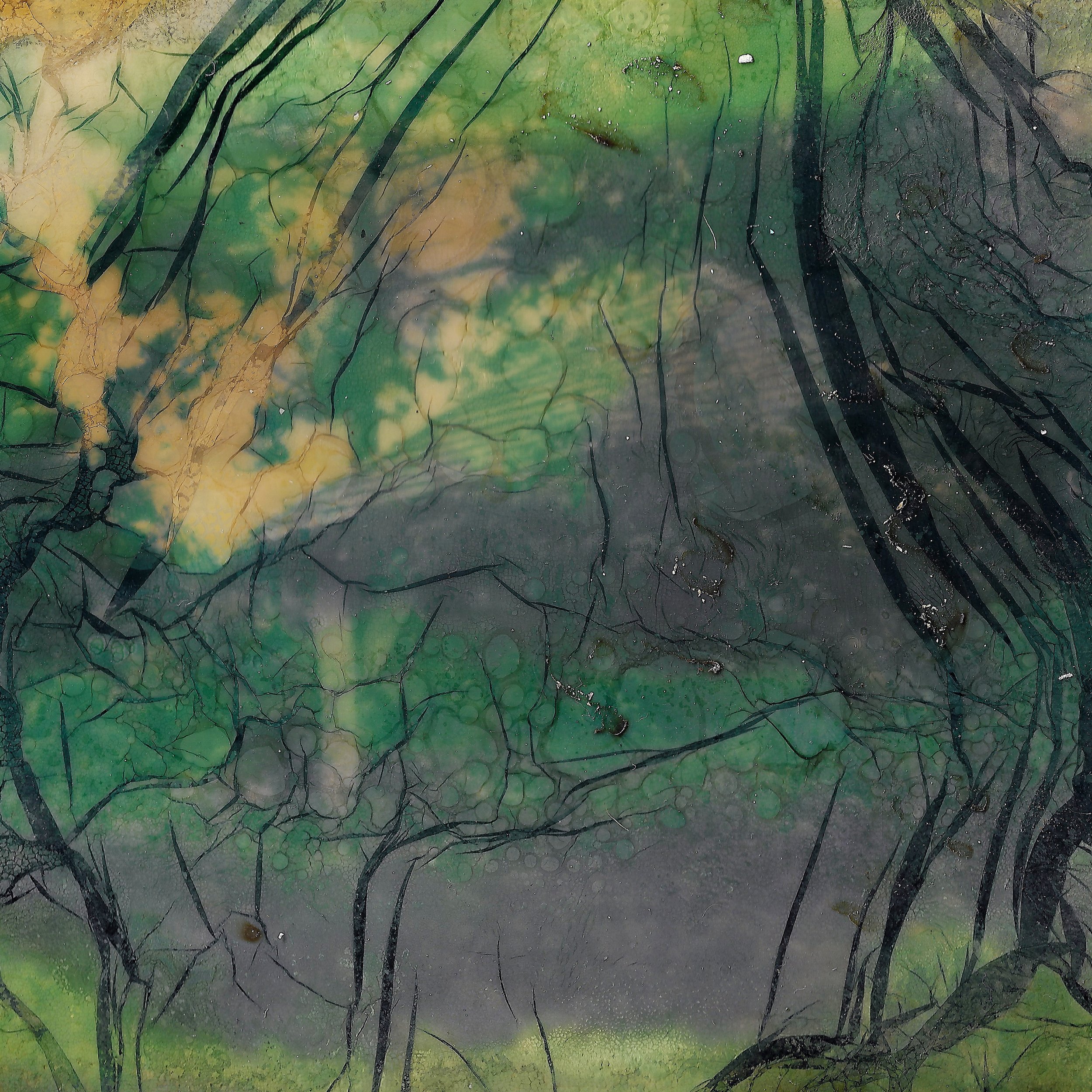 Abstract watercolor painting with shades of green, black lines resembling tree branches, and yellow and blue accents.