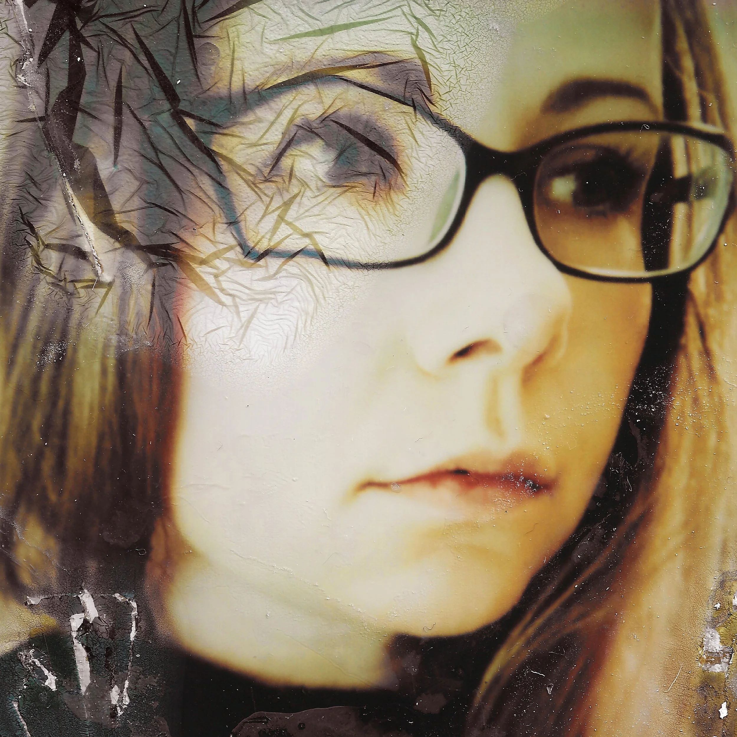 Close-up of a young woman with glasses, winking with one eye, and her slightly parted lips, in a artistic or photo-manipulated style.