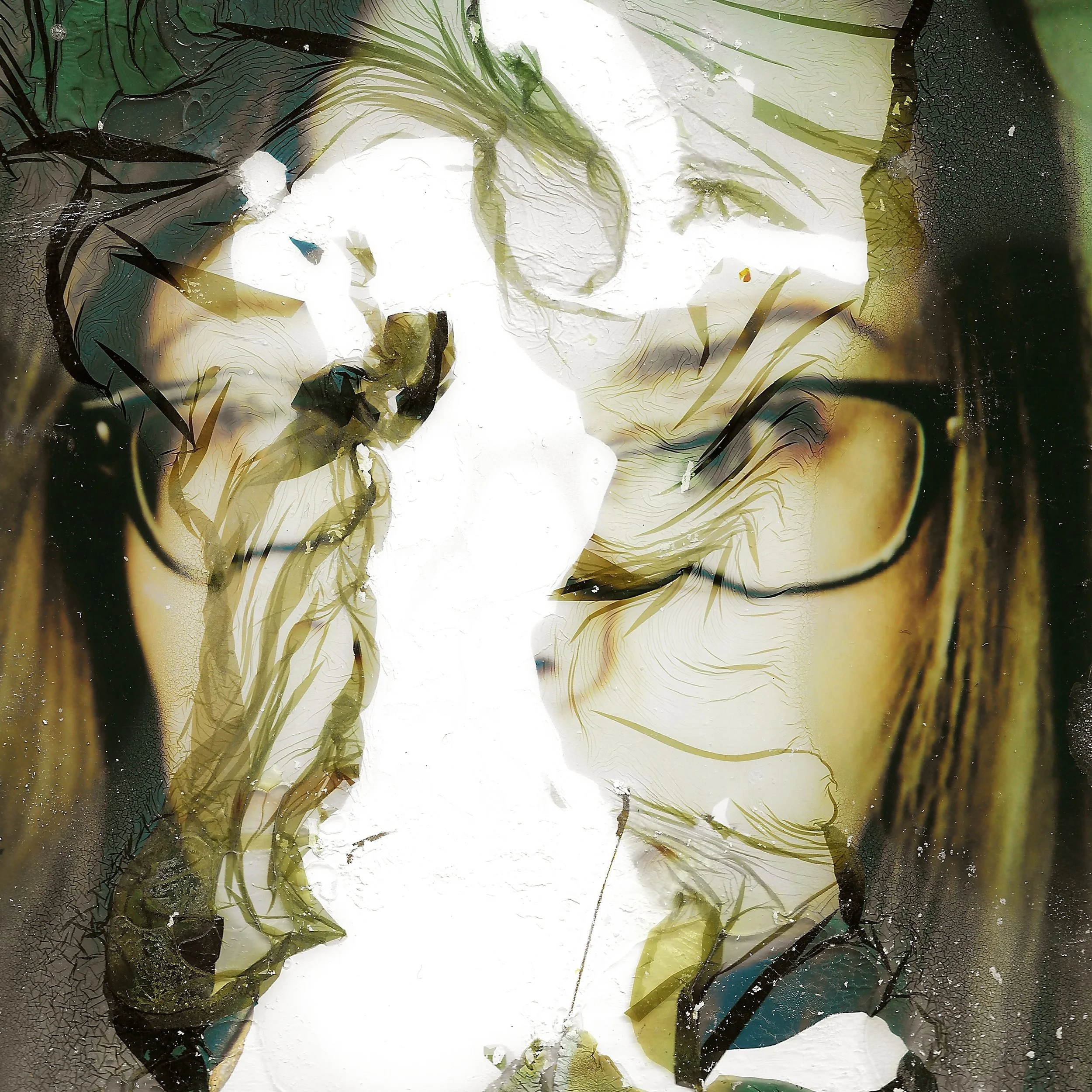 Abstract art featuring a human face with closed eyes, drawn with flowing lines and textured effects in shades of green, gold, and black.