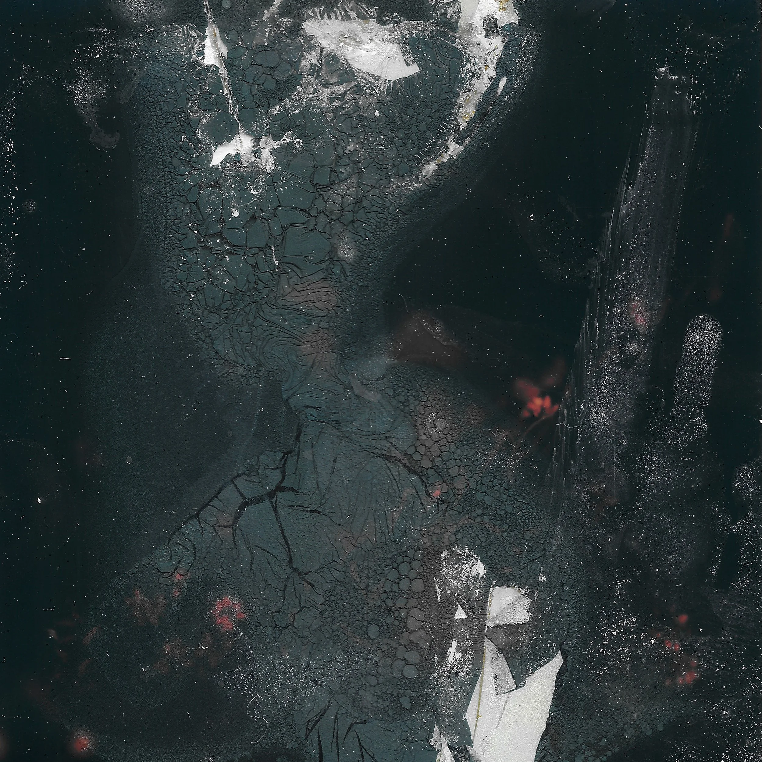 Close-up image of a person's face covered in grime and cracked paint, with one hand pressed against the surface, creating a distressed and textured effect.