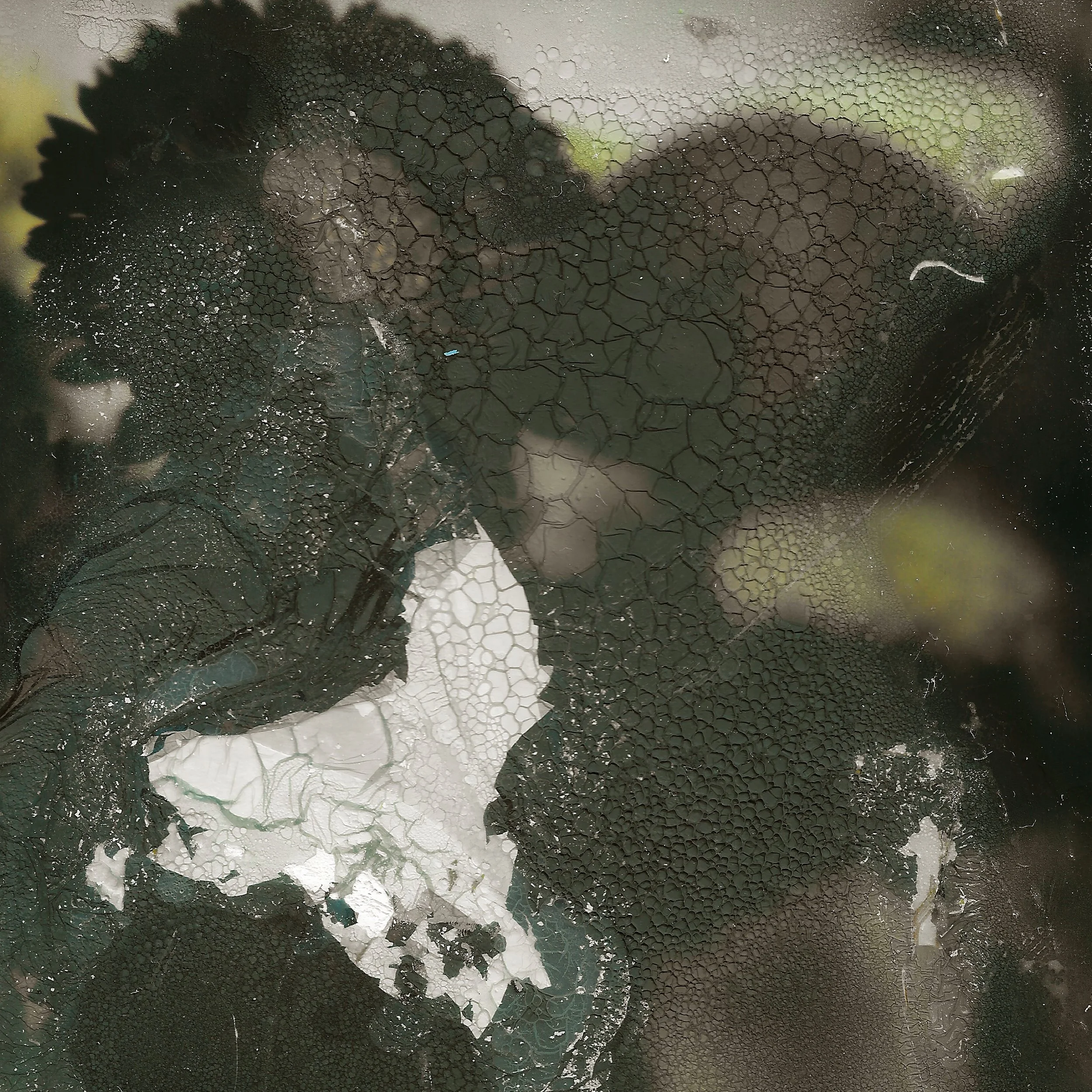 A close-up of a foggy glass surface with condensation and water droplets, obscuring the view of a person's face behind it.