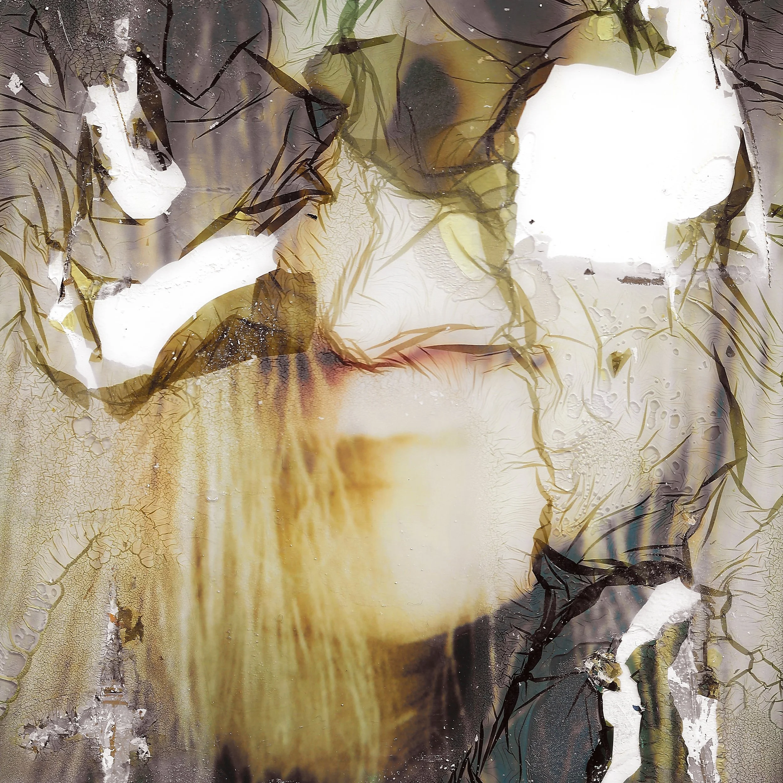 A close-up of a person's face with long blonde hair, viewed through a foggy, cracked glass surface, creating a distorted and abstract appearance.