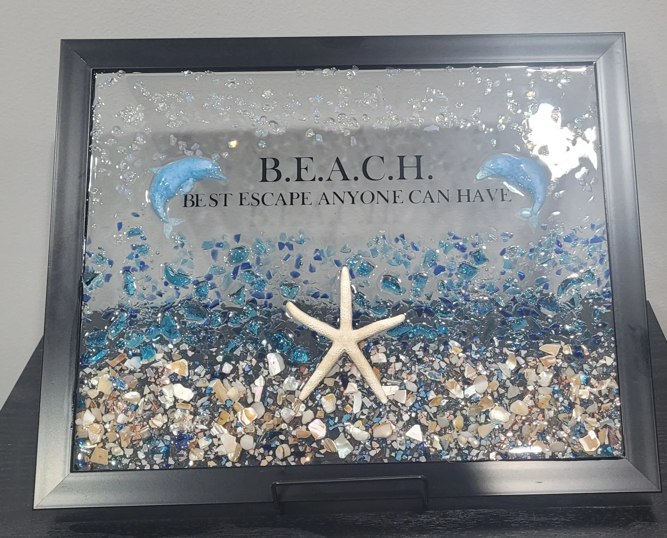 Dolphin Resin Wall Art – Coastal Beach House Decor with Seashells, Crushed Glass 15.5"x12.5"