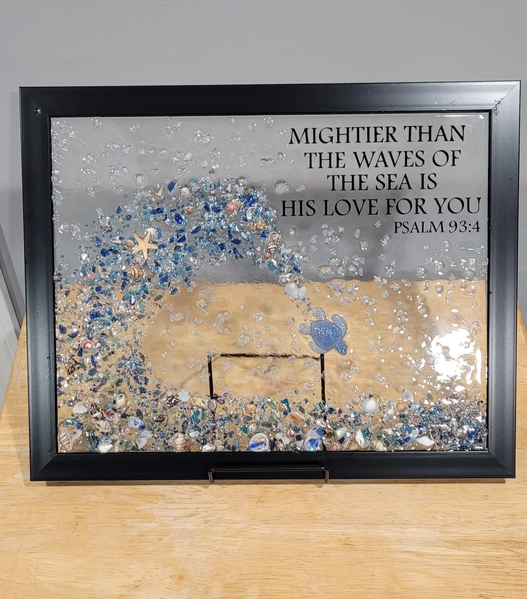 Ocean Wave Resin Art – Coastal Beach House Decor with Seashells, Crushed Glass 15.5"x12.5"