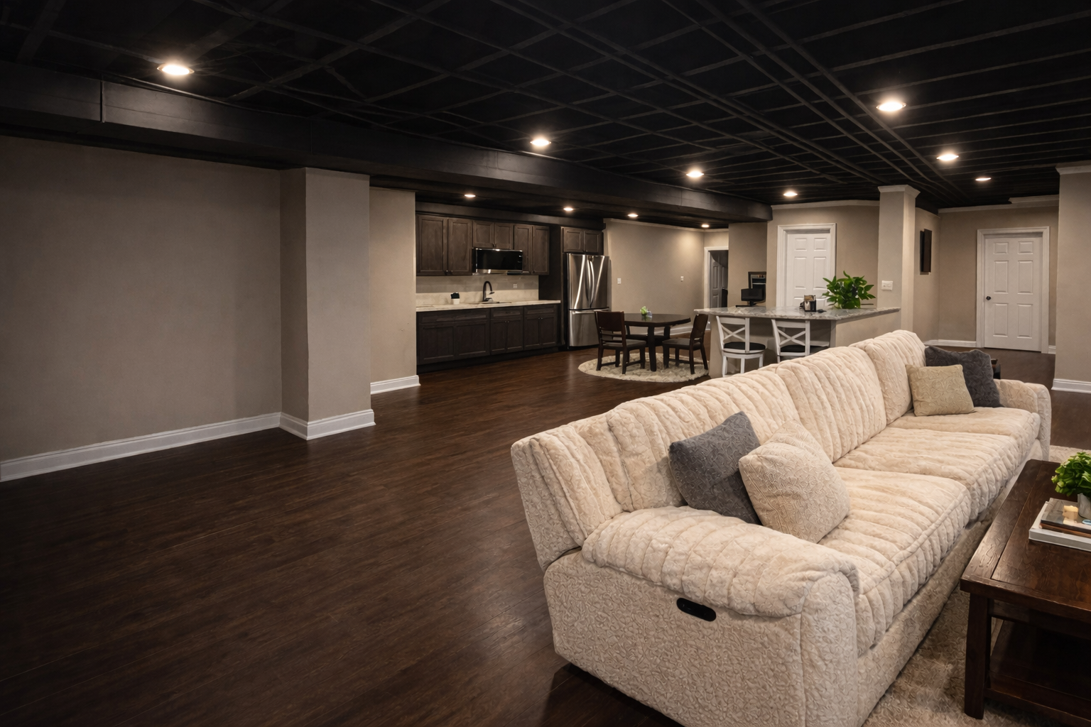 Living room with beige plush sofa, dark hardwood floors, and kitchen area with dark cabinets, stainless steel refrigerator, and a small dining table with four chairs.