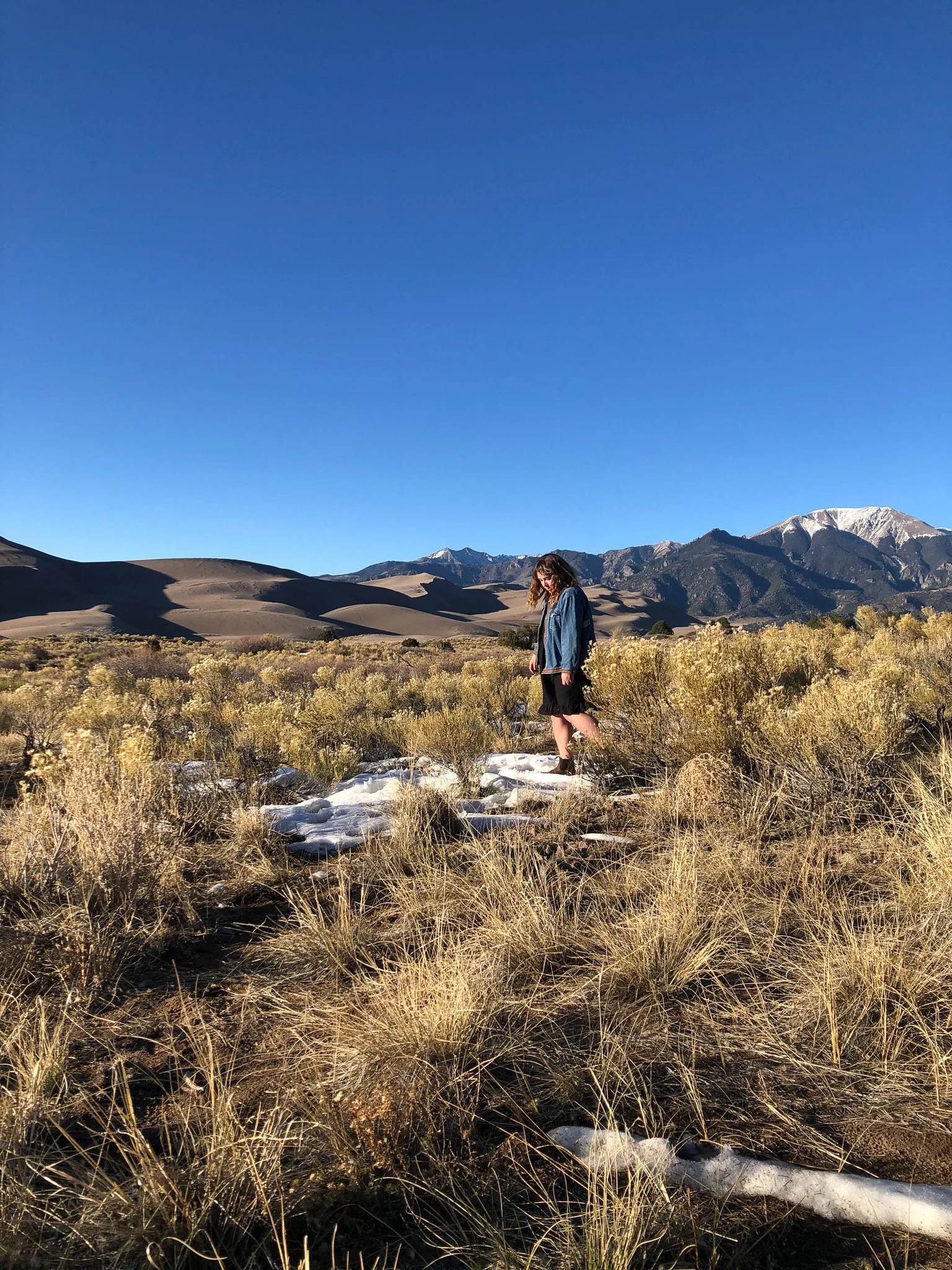 A woman with curly hair wearing a blue jacket and black skirt stands in a desert landscape with golden bushes, snowy patches on the ground, and mountain peaks in the background under a clear blue sky.