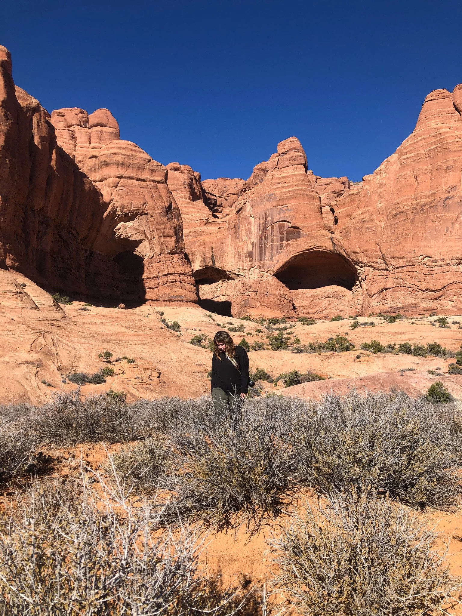 A woman standing in front of red rock formations under a clear blue sky, with desert vegetation in the foreground.