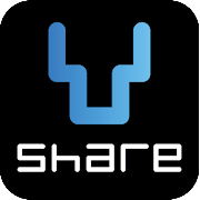 A black background with a blue geometric bull head logo and the word 'share' below it.