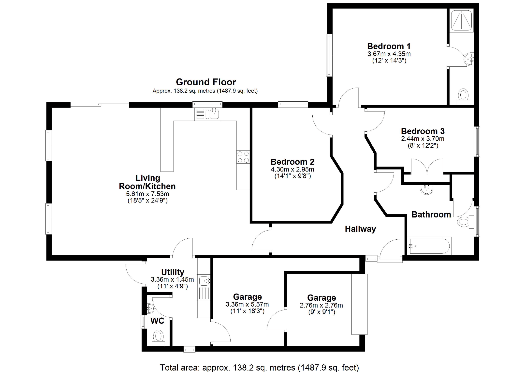Floor plan of a house showing various rooms including living room/kitchen, three bedrooms, bathrooms, utility room, and garage with measurements.
