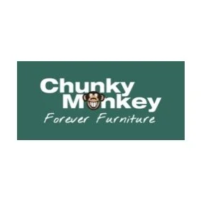 Logo for Chunky Monkey Furniture with text and a monkey face in the letter 'O'