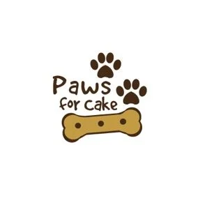Logo with paw prints, the text 'Paws for Cake,' and a bone image.