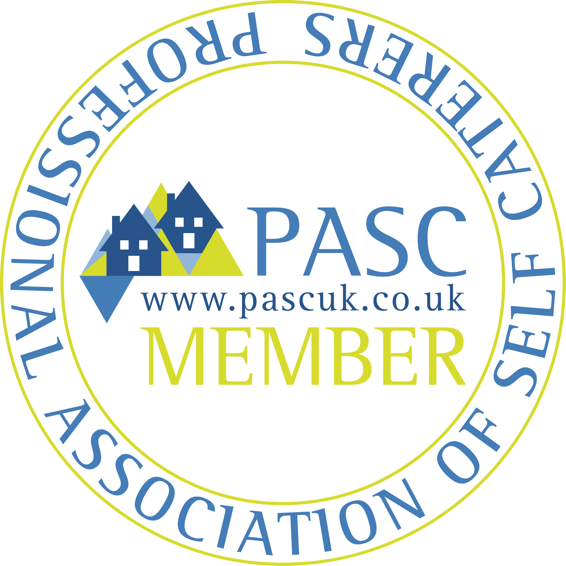Circular logo with blue text and yellow border, featuring three stylized blue houses with yellow roofs in the center. The text includes 'MEMBER' in yellow, and website URL www.pascuk.co.uk.