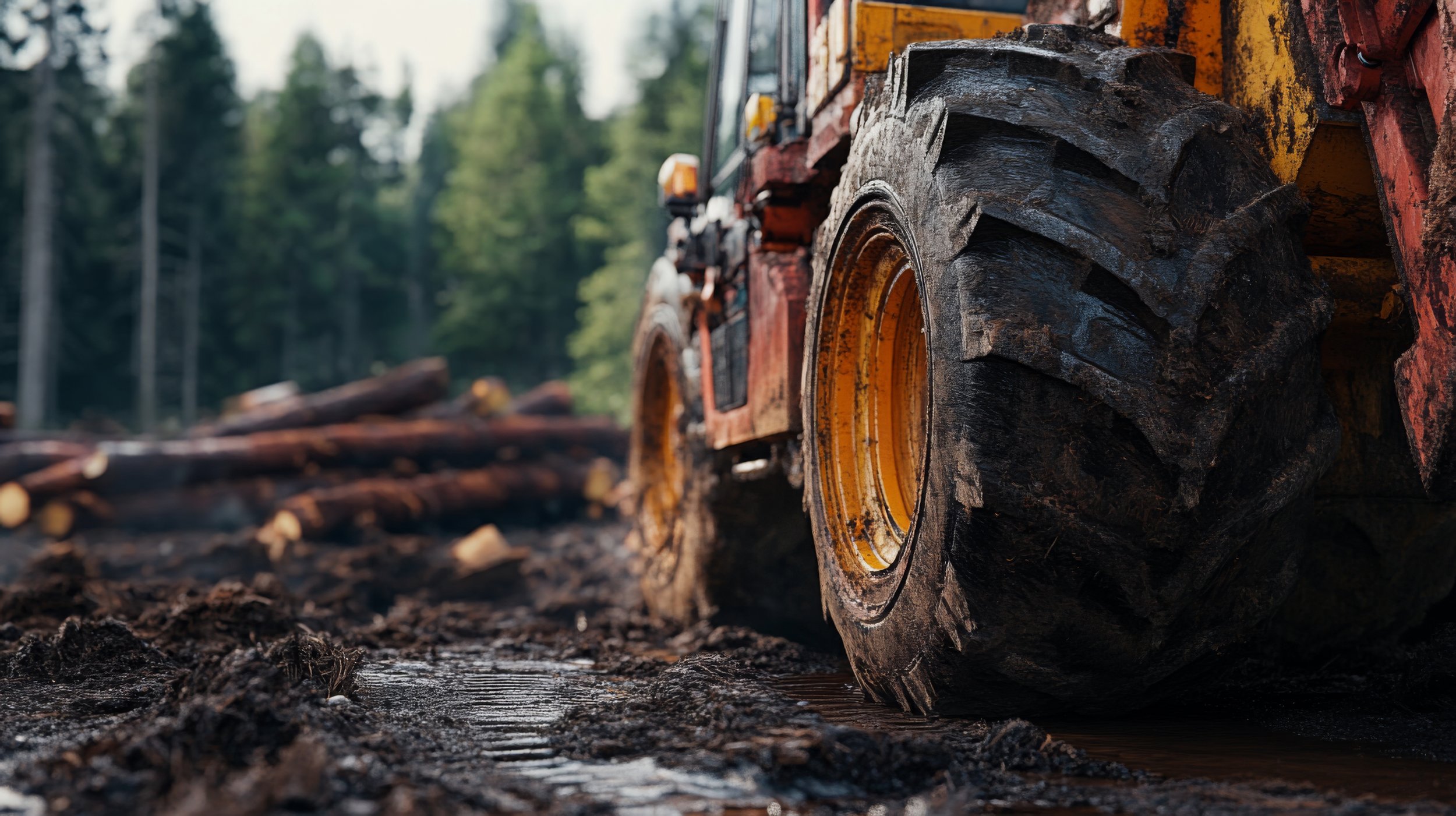 Heavy equipment working a land clearing job site with felled logs and muddy terrain in southern Minnesota