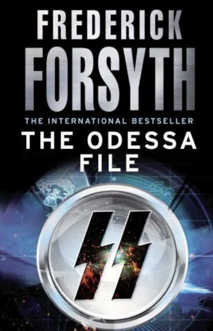 Book cover of 'The Odessa File' by Frederick Forsyth, featuring a lightning bolt symbol within a circular emblem against a digital and space-themed background.