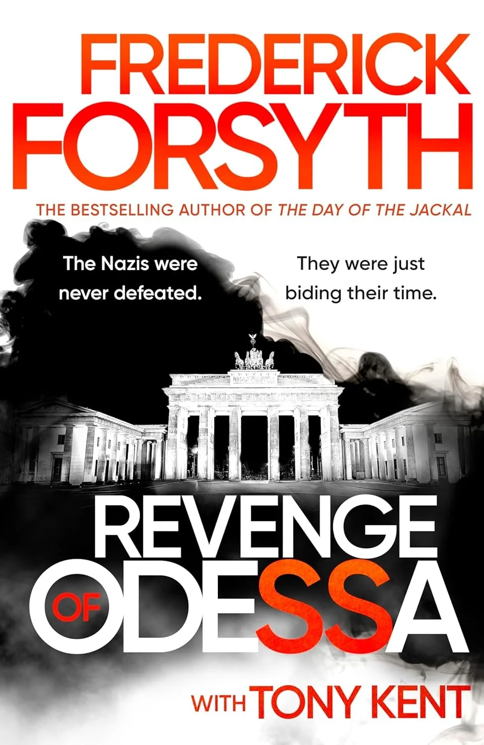 Book cover for 'Revenge of Odessa' by Frederick Forsyth featuring black smoke, a damaged Brandenburg Gate, and red and white text.