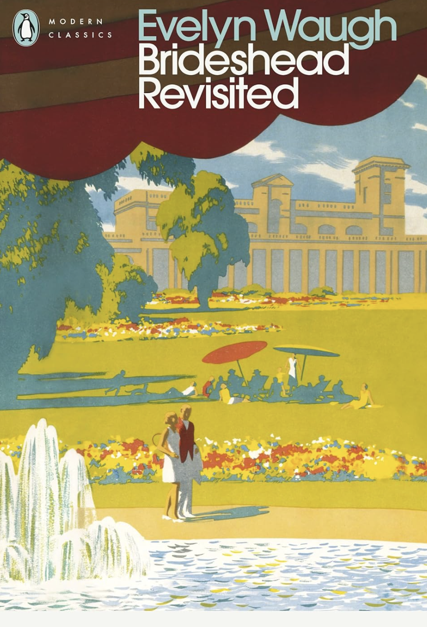 Cover of a book titled 'Brideshead Revisited' by Evelyn Waugh, part of the Modern Classics series. The cover features an illustrated park scene with people relaxing on the grass and near a fountain, with a large historic building and trees in the background.