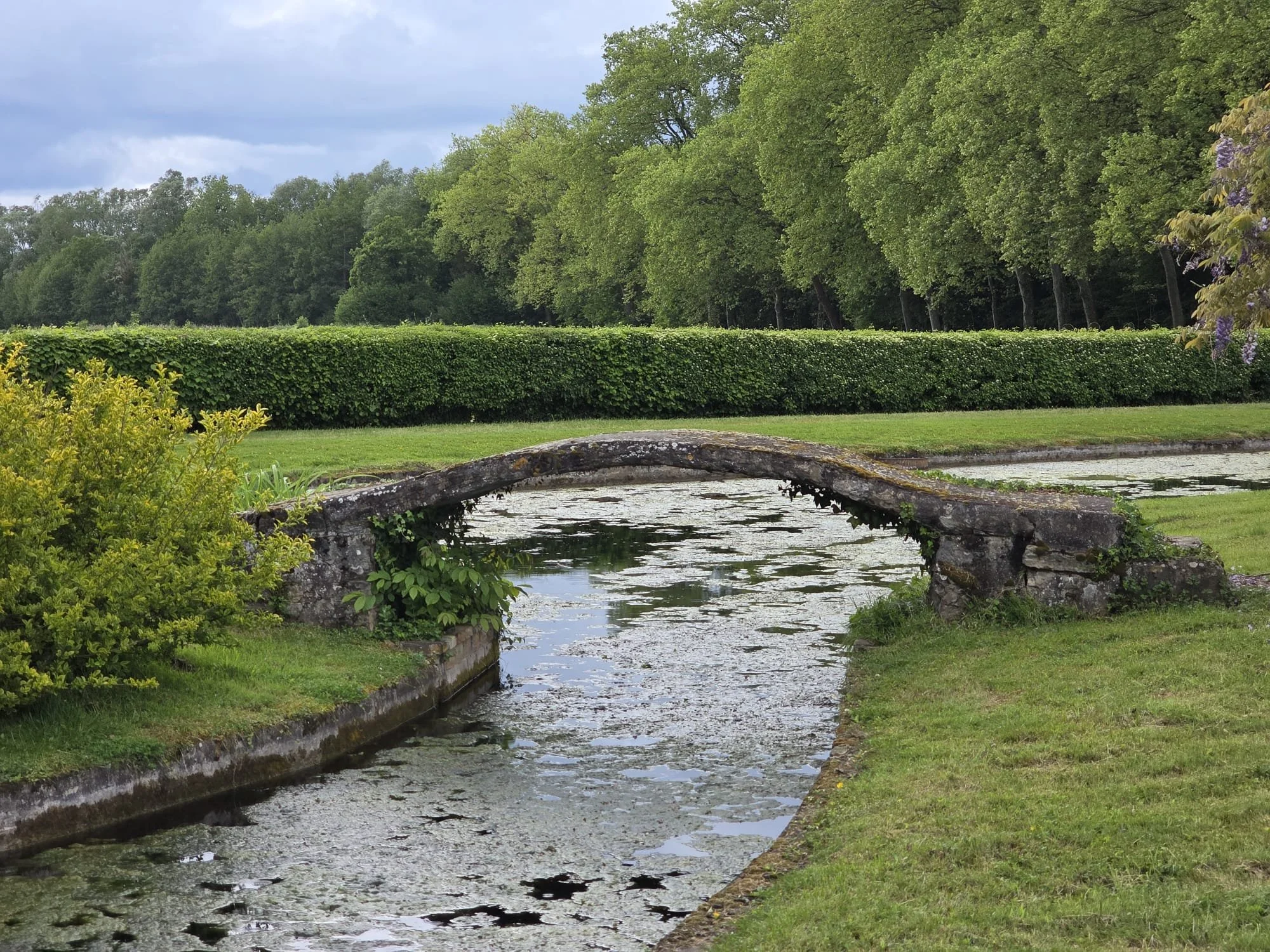 Un petit ruisseau ou un étang borde par de la verdure, avec un pont en pierre ancienne. À l'arrière-plan, il y a une haie bien taillée et un groupe d'arbres feuillus. Le ciel est nuageux.