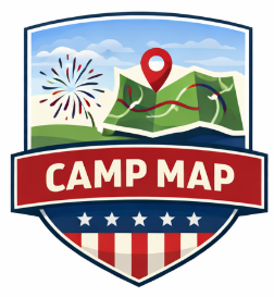 Campground Site Map includes: RV spaces, pull through Rv spa ces, tent sites, group tent camping, walin primitive sites, bathrooms with showers and laundry, kitchen, group fire pit, stage area and grassy areas with picnic tables