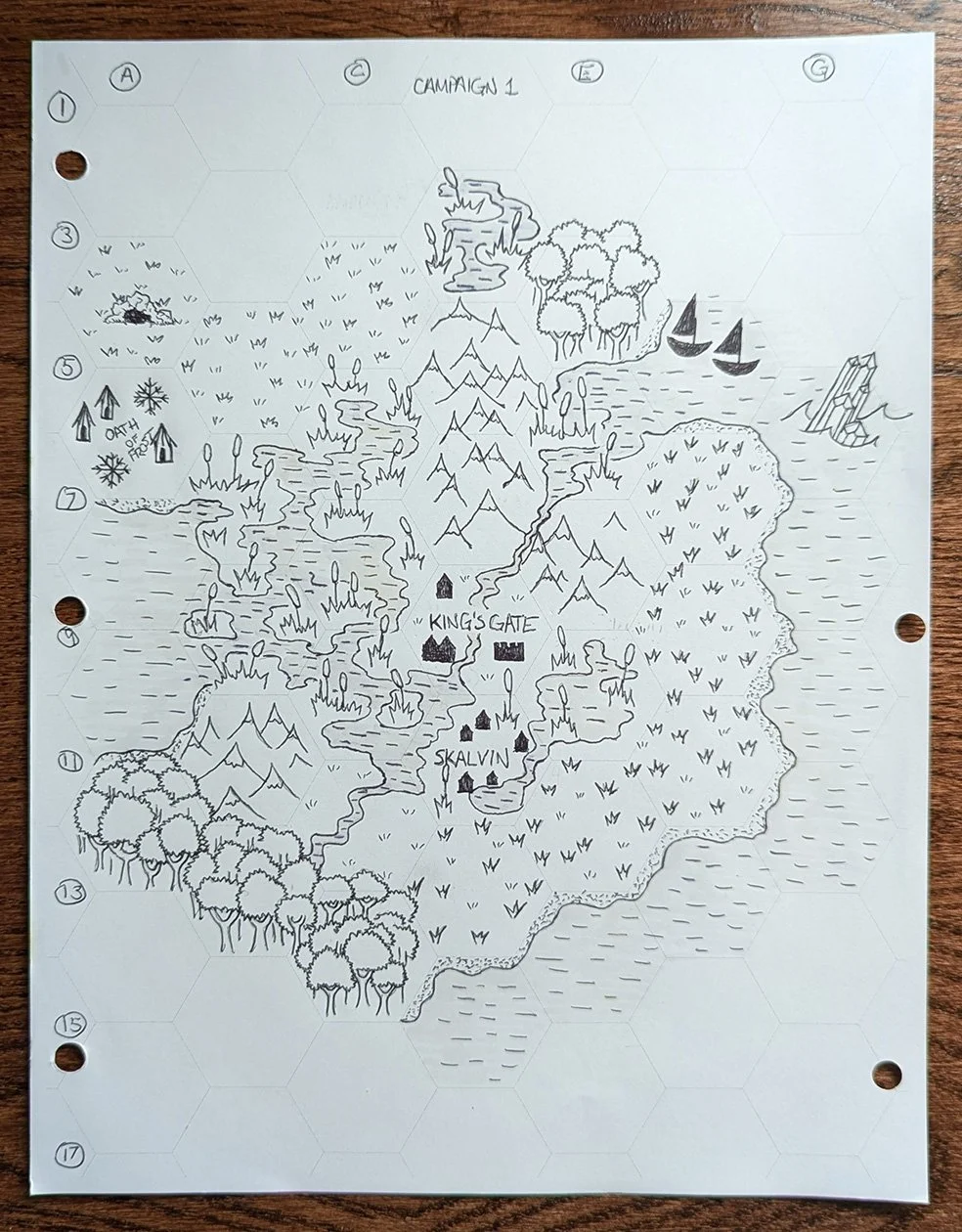 Photo of my hand-drawn hex map for the campaign