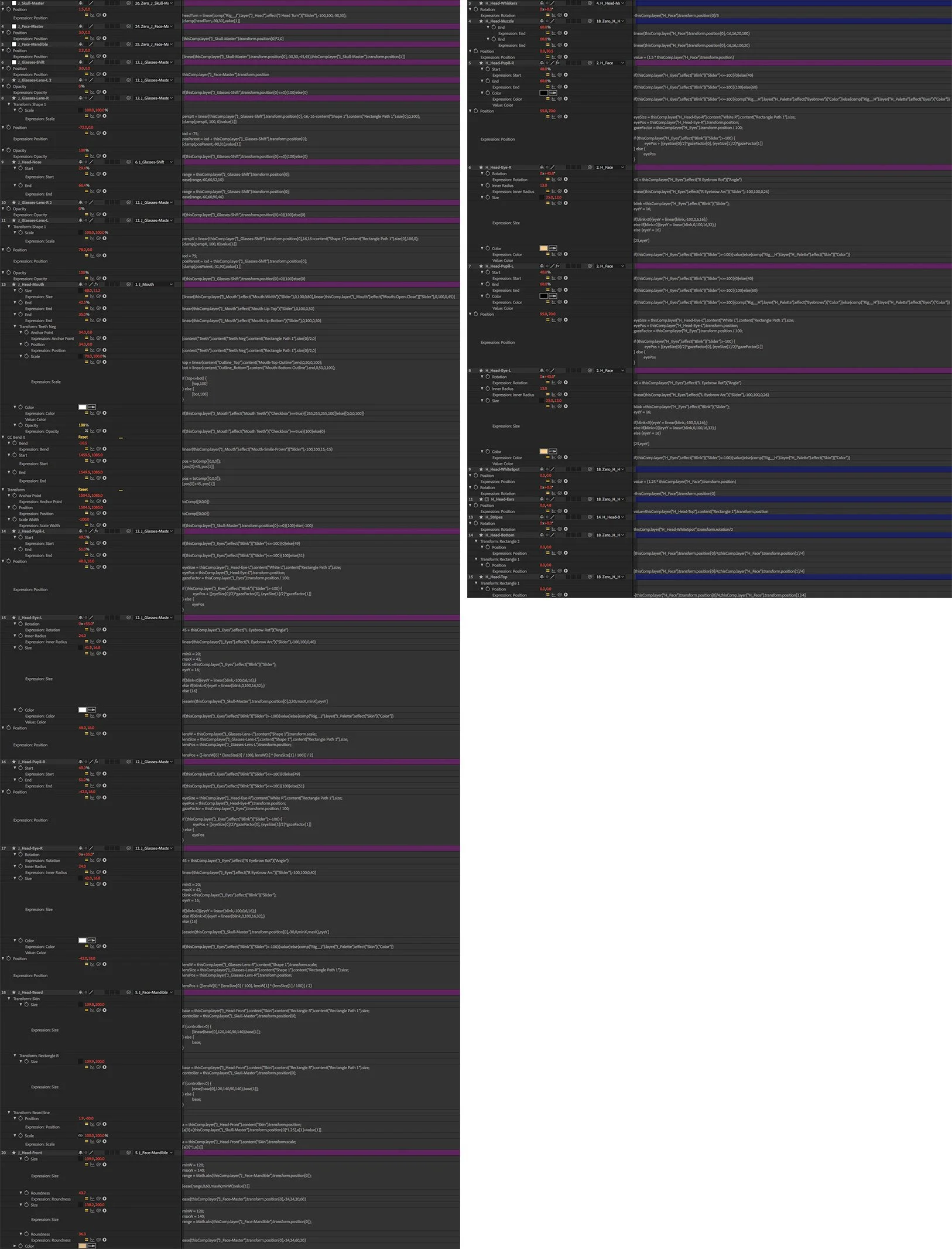 Side-by-side example of disorganized code blocks for early rigs vs. better blocks for later rigs