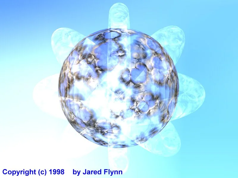 A 3D render from 1998 of a sphere with a blue and brown noise texture, surrounded by three cyan toruses arranged like a Bohr atomic model