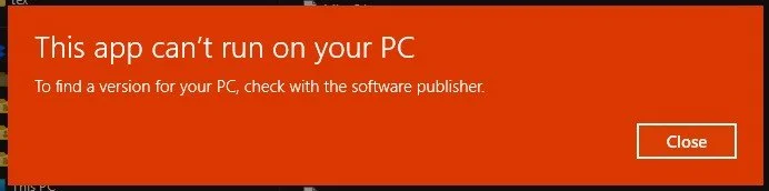 Screenshot of Windows 11 error dialog stating "this app can't run on your PC"