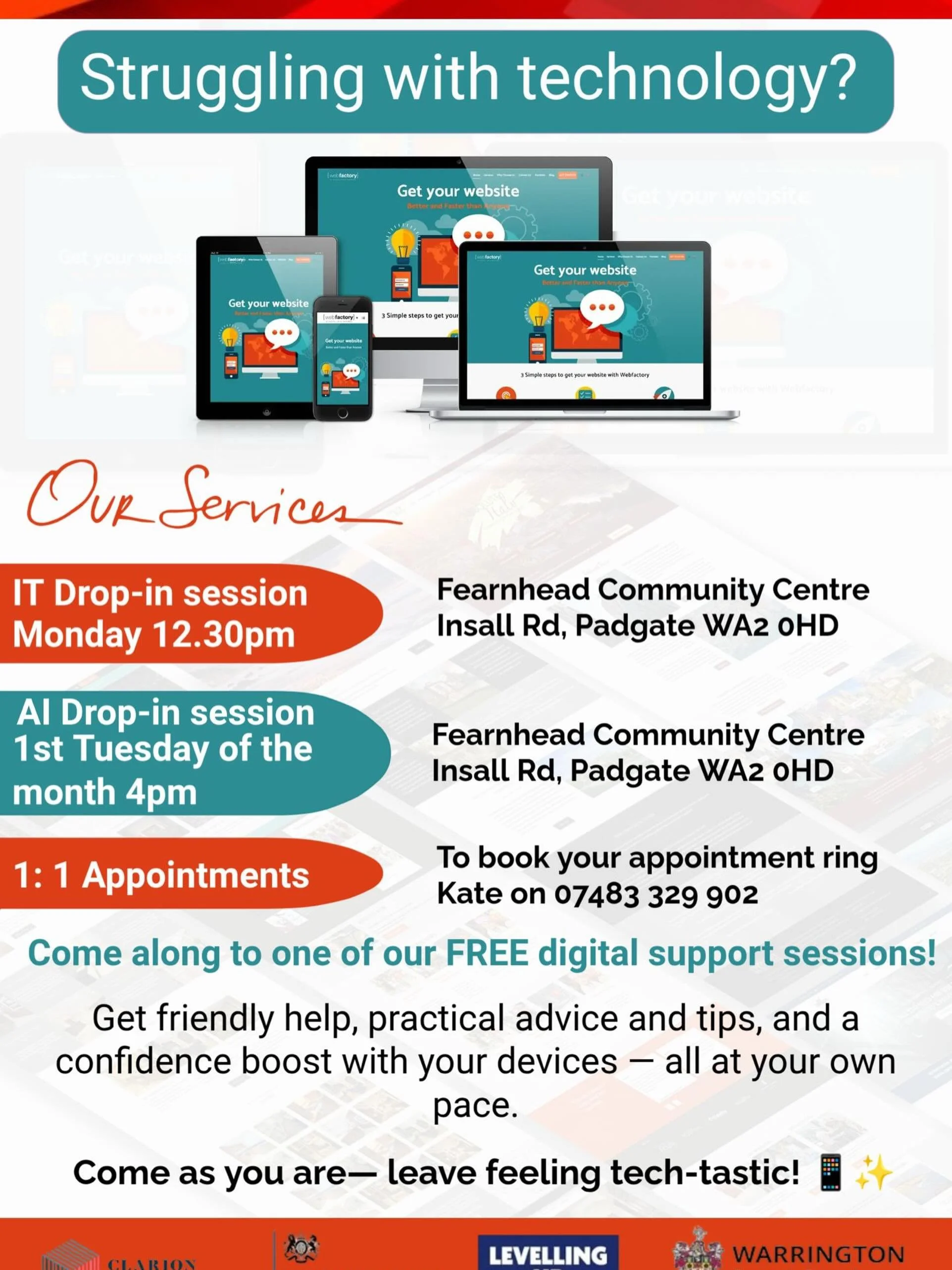 Struggling with technology? 📱💻

Join the weekly drop-in sessions every Monday and Tuesday at Fearnhead Community Centre.

They can support you with:

✅ Using your mobile, tablet, iPad or laptop
✅ Connecting to the internet
✅ Creating and using an e