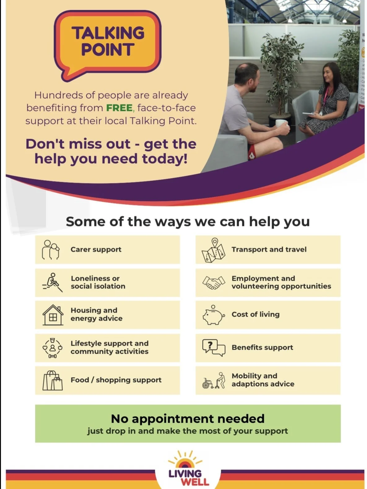 📍Heard of Talking Points?📍 Talking Points are places you can go to get friendly, face-to-face information, support and guidance to help you to live and stay well in Warrington.

You can be connected to people, places and services to support you in 