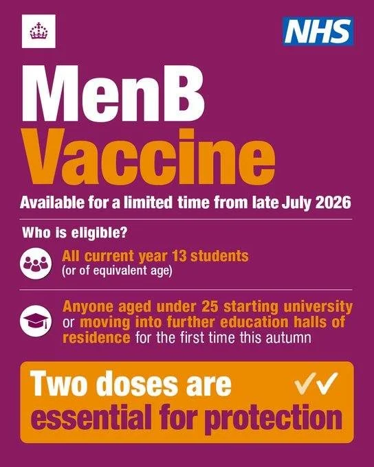 A one-off, time limited MenB vaccine is available for all 17 and 18 year olds and for under 25 year olds heading to residential college or university for the first time. 
 
➡️17 and 18-year-olds can book via the NHS National Booking Service for appoi