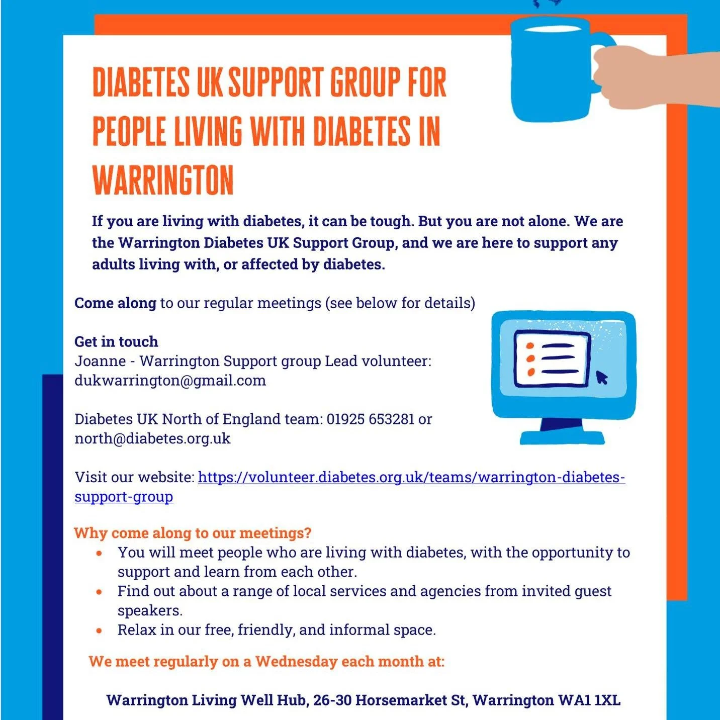 A new Diabetes UK Support group is available in Warrington for adults (18 and over) living with or affected by diabetes.
The group meets monthly on Wednesdays at the Living Well Hub, Warrington, WA1 1XL.

🗓️ Next session being held on Wednesday 12th