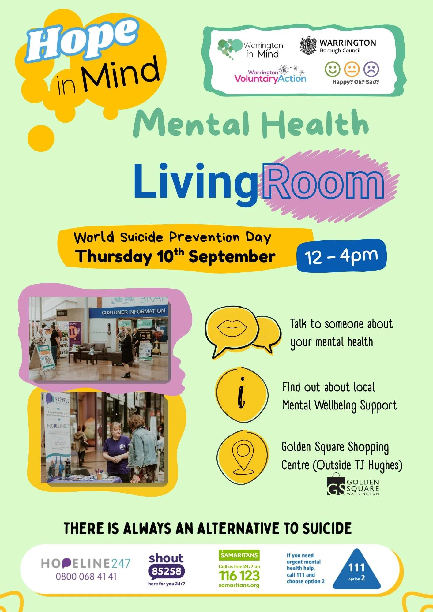 With World Suicide Prevention Day just one week away, we're sharing details of a local event taking place in Warrington.

Join Hope in Mind at their Living Room Mental Health event, taking place at Golden Square Shopping Centre, outside TJ Hughes, fr