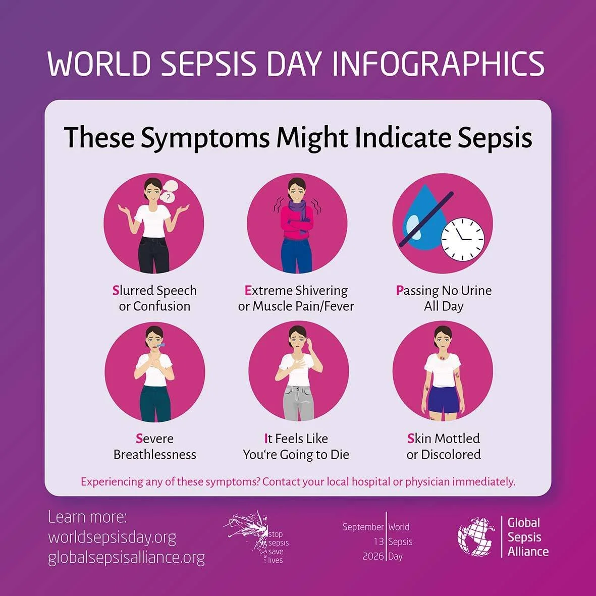 💜 World Sepsis Day 💜

Sepsis is a serious medical emergency that can develop from common infections such as flu, COVID-19, or pneumonia.

 Vaccinations help prevent infections that can lead to sepsis 💉

By keeping your vaccinations up to date, you