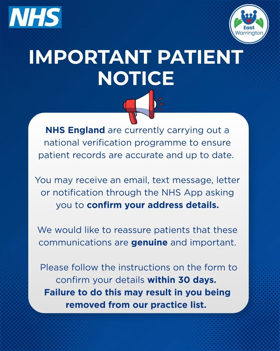 You may receive an email, text message, letter or NHS App notification asking you to confirm your address details. This is a genuine correspondence by Primary Care Support England (PCSE) on behalf of NHS England to ensure GP patient lists are accurat