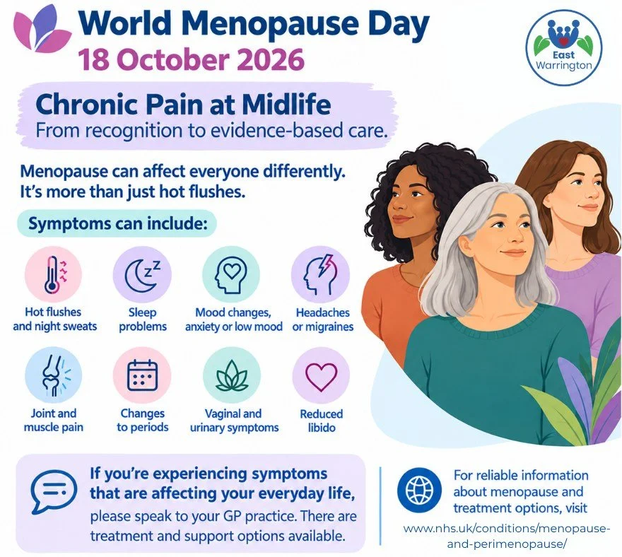 World Menopause Day &ndash; 18 October 2026 🌸 

This October, we&rsquo;re raising awareness of menopause and midlife health, with this year&rsquo;s focus on chronic pain at midlife. 

Menopause can affect everyone differently. Symptoms can include h