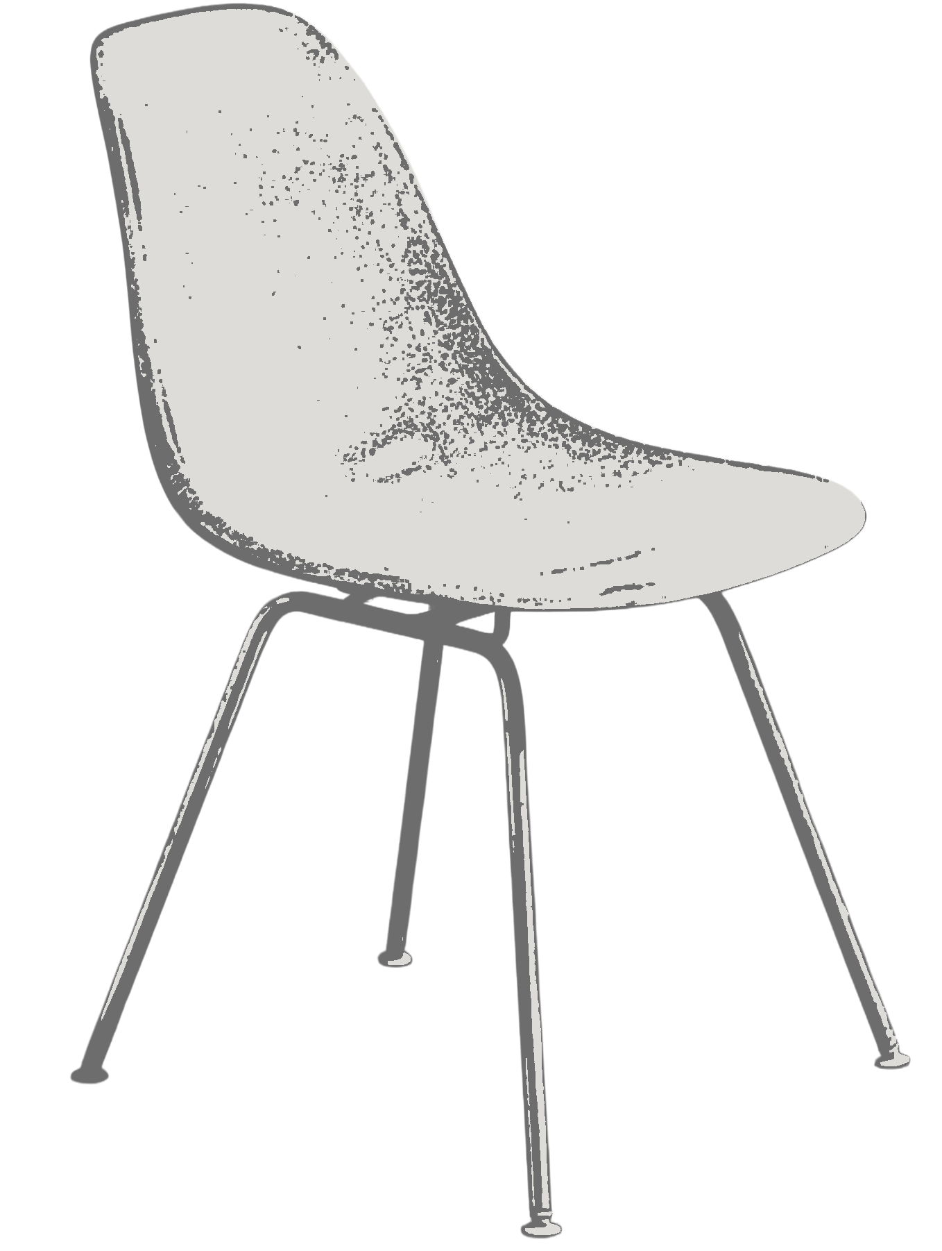 A modern gray chair with a curved backrest and four angled metal legs.