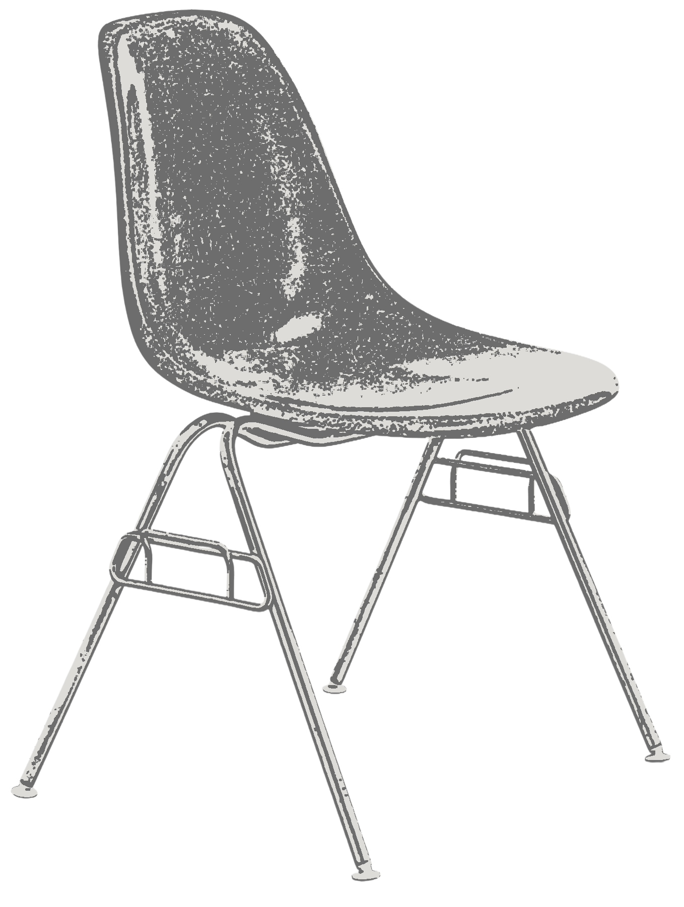 Black and white sketch of a chair with a lyre-back design, four legs, and a footrest, set against a black background.