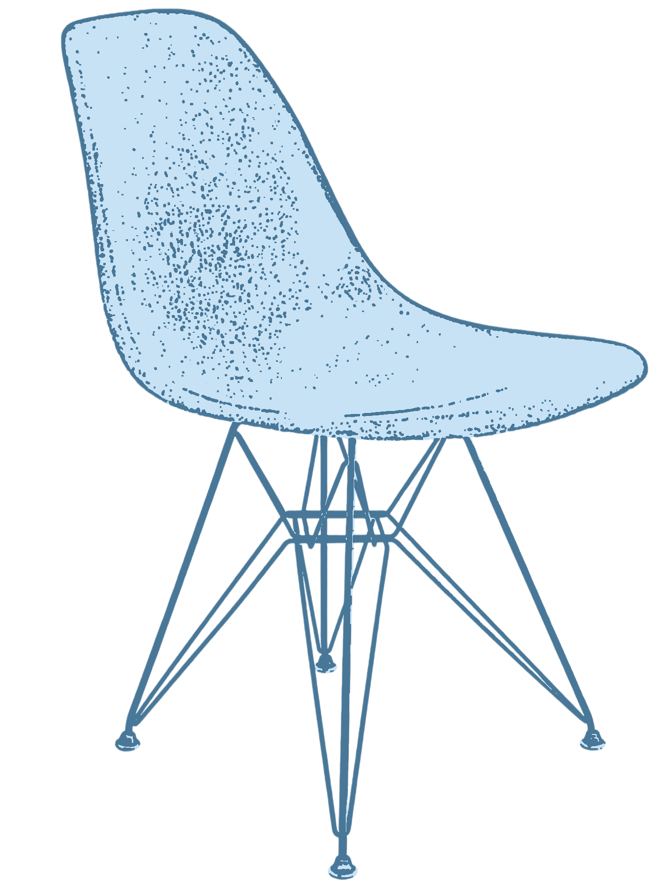 A line drawing of a modern armchair with a rounded seat and backrest, supported by a metal wireframe base with multiple intersecting legs.